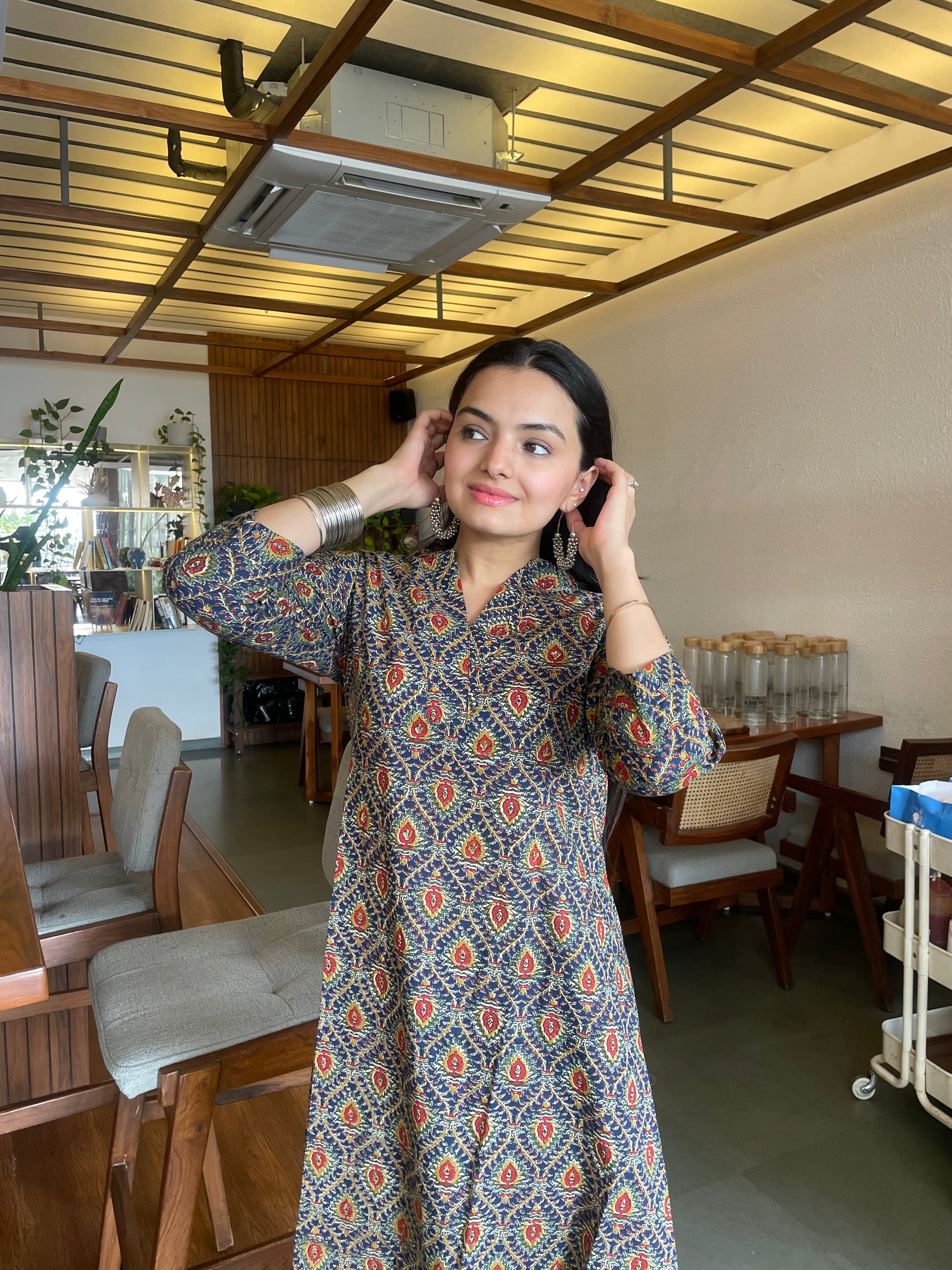 Eternal Indigo Grace Kalamkari Print A-Line Kurti Pant Set